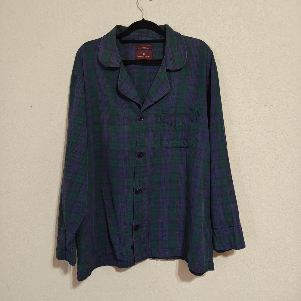 Nordstrom Vintage Mens XL Green Blue Plaid Flannel Button Up Shirt Long Sleeve